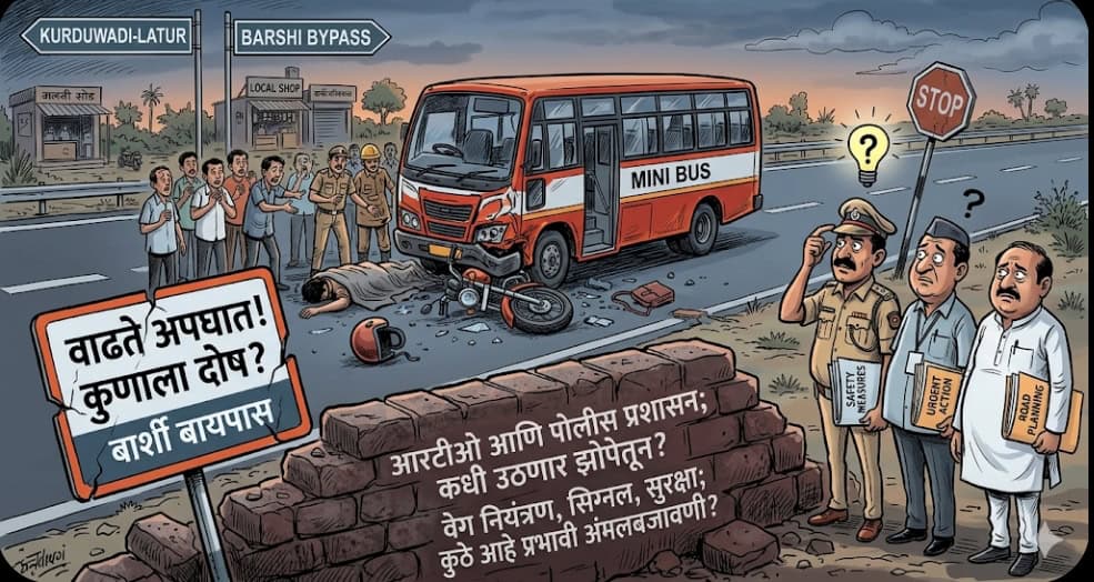 बार्शी बायपासवर भीषण अपघात; दुचाकीस्वाराचा मृत्यू – निष्काळजी वाहनचालकाविरुद्ध गुन्हा, वाढत्या अपघातांवर प्रश्नचिन्ह  बार्शी (प्रतिनिधी) : कुडूवाडी–लातूर मार्गावरील बार्शी