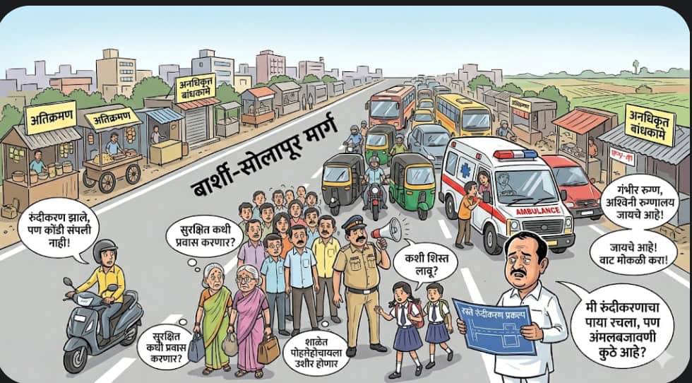 जीवनवाहिनीवर कोंडीचा विळखा; बार्शी–सोलापूर मार्गावर अतिक्रमण व बेशिस्त वाहतुकीचा फटका